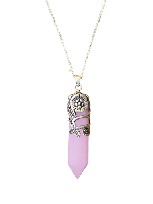 Big Statement Floral Pink Chalcedony Stone Antique Silver Pendant