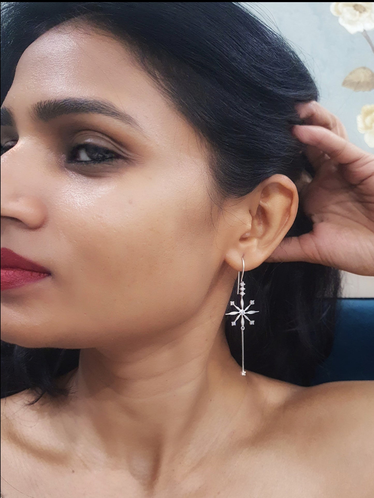 925 Sterling Silver Diamond Floral Hoop Earrings - Elegant 6.5cm hoops crafted with zircon stones, featuring a floral design, hypoallergenic and water-resistant, lightweight at 4.7g, perfect for special occasions, delivered in Sutra Designs' premium custom packaging