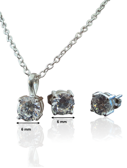 6 mm Cubic Zircon Stone Silver Pendant and Earrings Set
