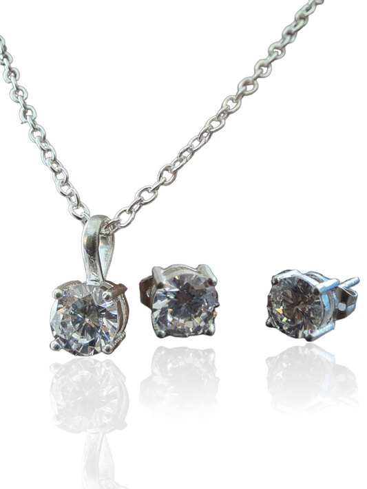 6 mm Cubic Zircon Stone Silver Pendant and Earrings Set