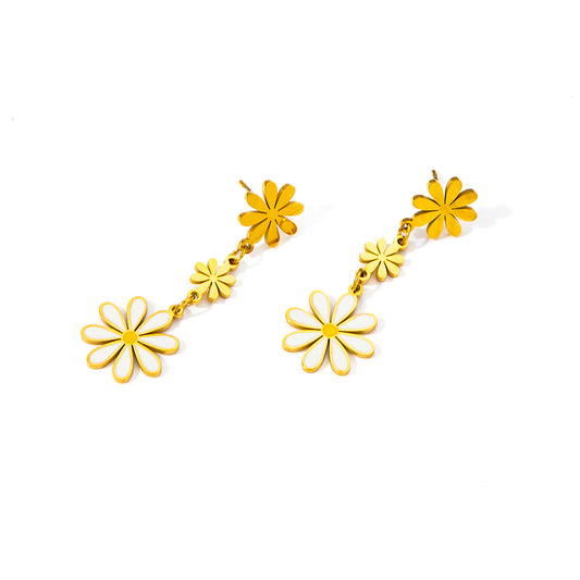 Flower Dangler Earrings, 18K Gold-Plated and crafted from stainless steel. Measuring 4.5cm x 1.5cm and weighing 3.7g. Hypoallergenic, tarnish-free, water-resistant, and delivered in Sutra Designs' custom packaging