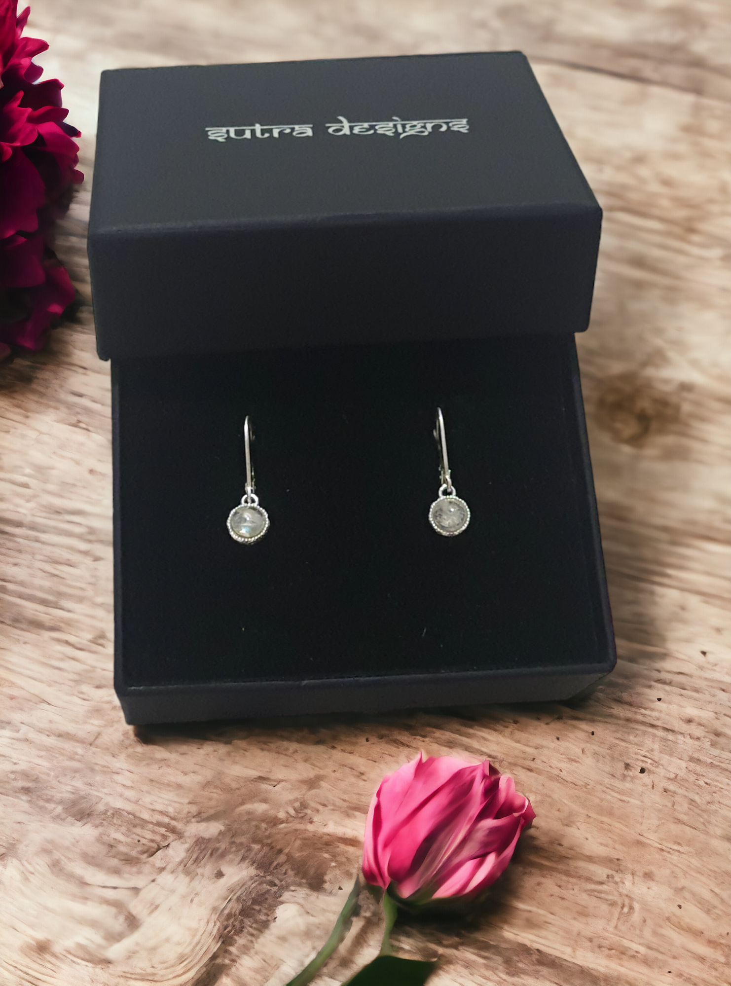 925 Sterling Silver 6mm Moonstone Drop Hoop Earrings - Lightweight and hypoallergenic design featuring genuine moonstone and a 925 authenticity stamp, perfect for elegant daily wear, delivered in Sutra Designs' premium packaging
