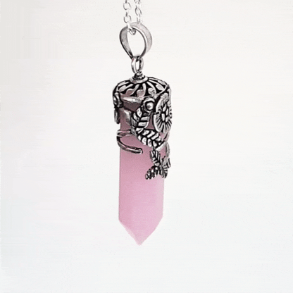 Floral Pink Chalcedony Stone Pendant in Antique Silver with a brass base. Features a 4.8cm pendant, 18-inch chain, and weighs 15.7g. Skin-friendly and delivered in Sutra Designs' custom packaging