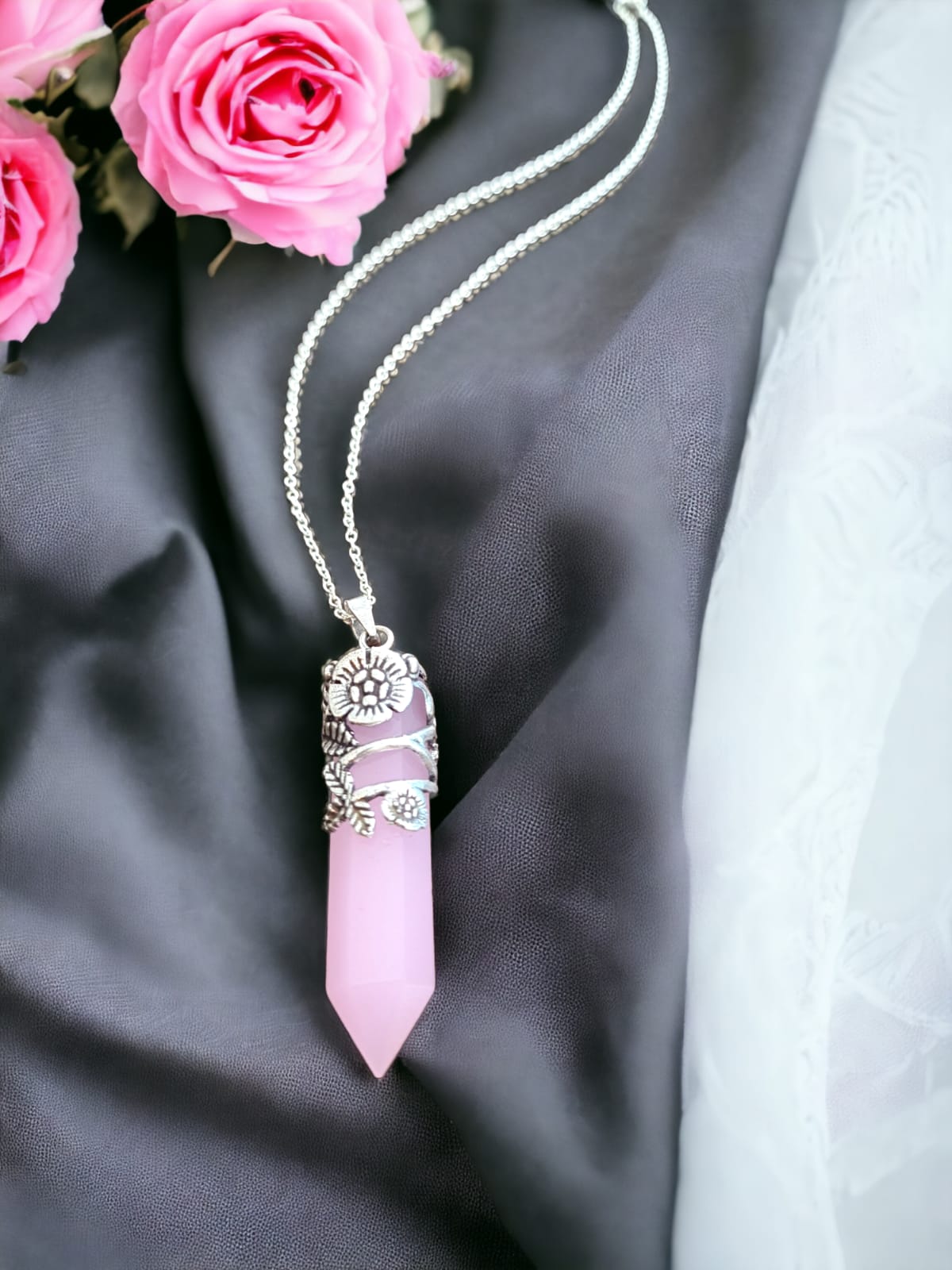 Floral Pink Chalcedony Stone Pendant in Antique Silver with a brass base. Features a 4.8cm pendant, 18-inch chain, and weighs 15.7g. Skin-friendly and delivered in Sutra Designs' custom packaging