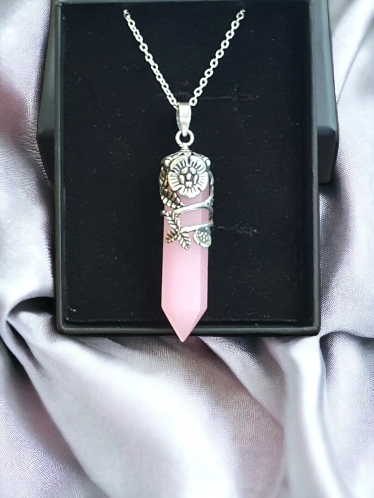 Floral Pink Chalcedony Stone Pendant in Antique Silver with a brass base. Features a 4.8cm pendant, 18-inch chain, and weighs 15.7g. Skin-friendly and delivered in Sutra Designs' custom packaging