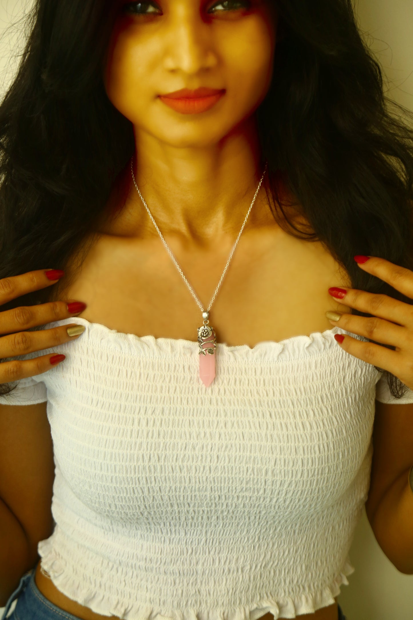 Floral Pink Chalcedony Stone Pendant in Antique Silver with a brass base. Features a 4.8cm pendant, 18-inch chain, and weighs 15.7g. Skin-friendly and delivered in Sutra Designs' custom packaging