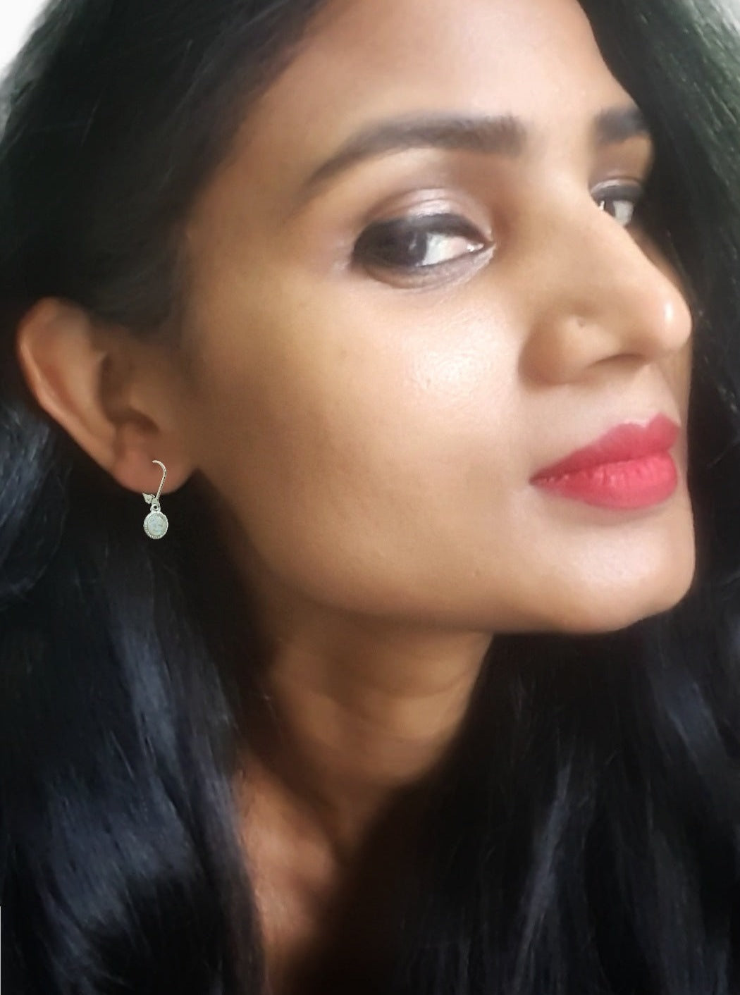 925 Sterling Silver 6mm Moonstone Drop Hoop Earrings - Lightweight and hypoallergenic design featuring genuine moonstone and a 925 authenticity stamp, perfect for elegant daily wear, delivered in Sutra Designs' premium packaging