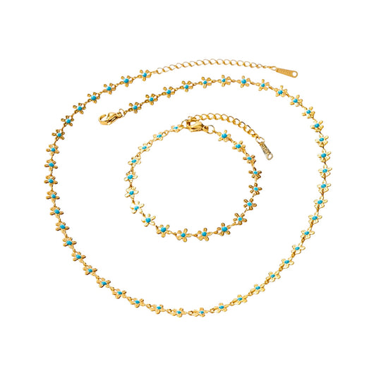 Small Flower Turquoise Titanium Steel Bracelet and Necklace set