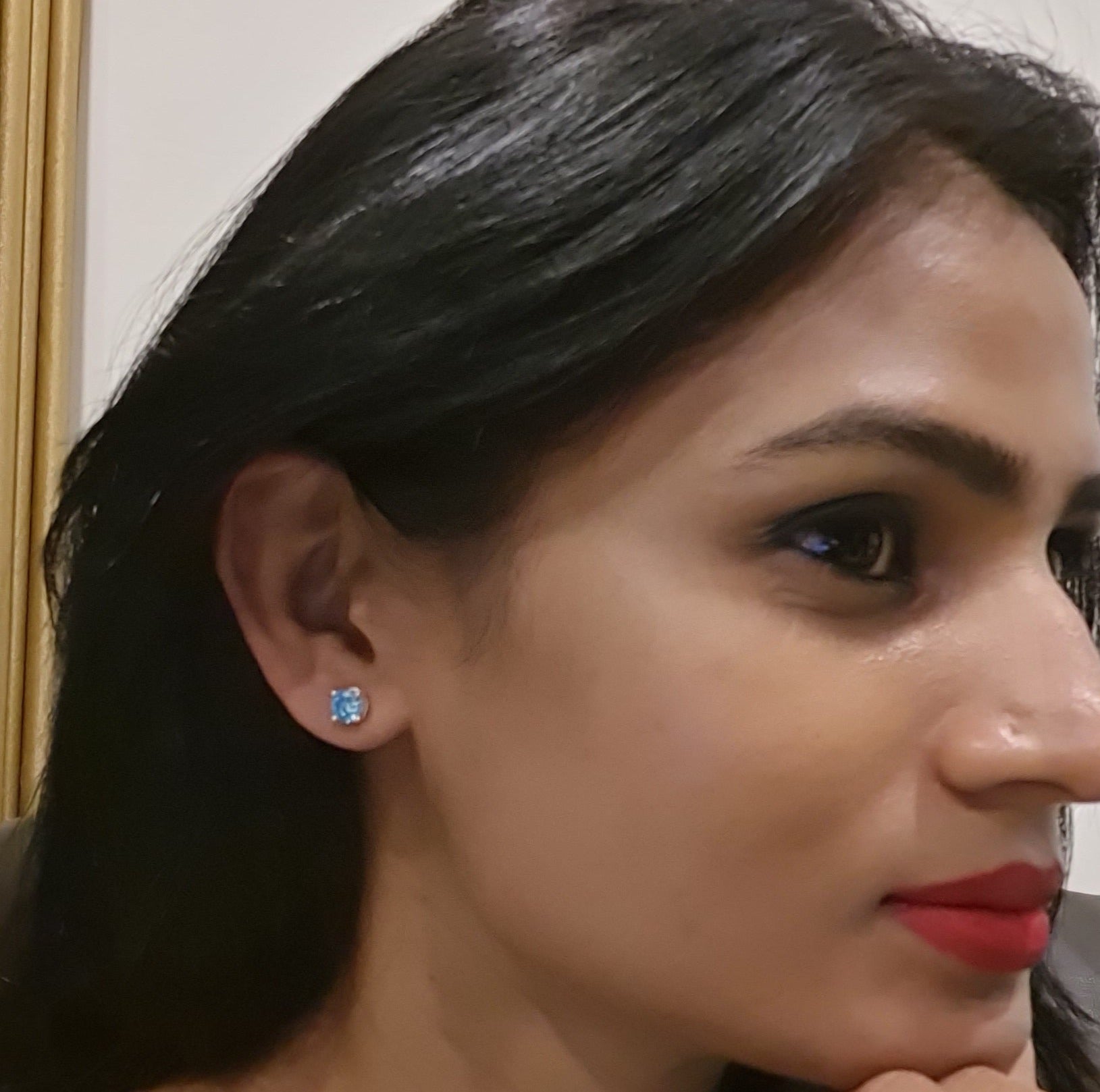 Lt. Blue Zircon Stud Earrings in Silver, crafted in brass with 6mm blue zircon stones. Total weight of 1.5g. Skin-friendly material, delivered in Sutra Designs' custom packaging