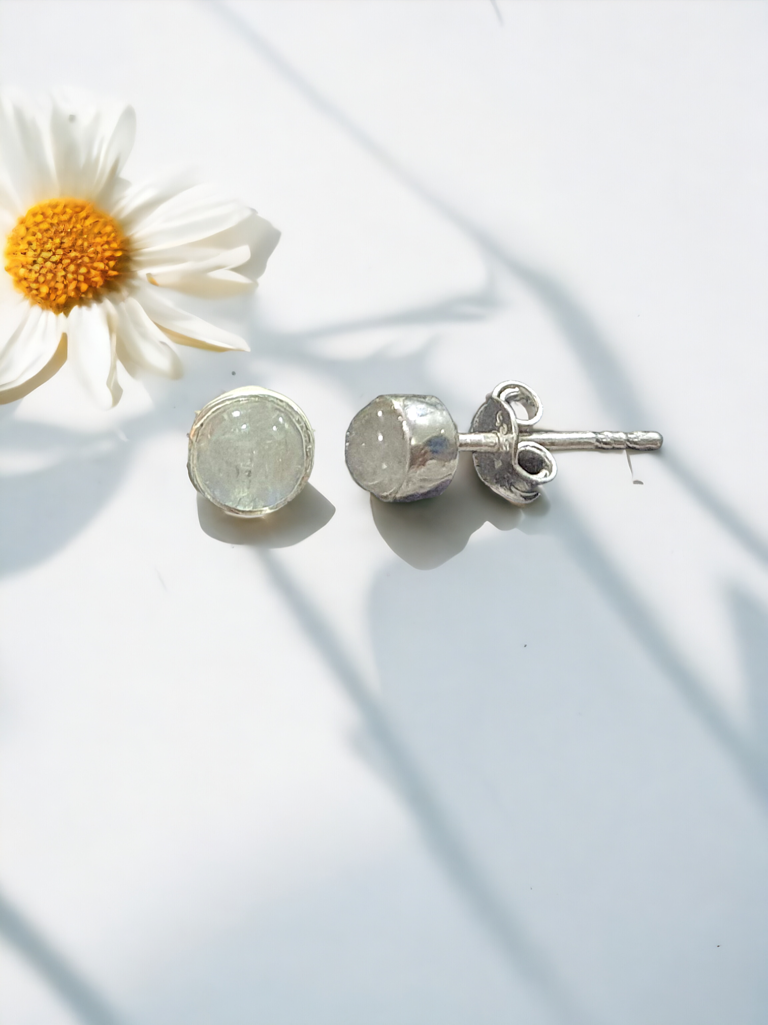 925 Sterling Silver Moonstone Stud Earrings - 4mm hypoallergenic and tarnish-free earrings with 925 authenticity stamp, lightweight design, ideal for daily wear, delivered in premium Sutra Designs packaging