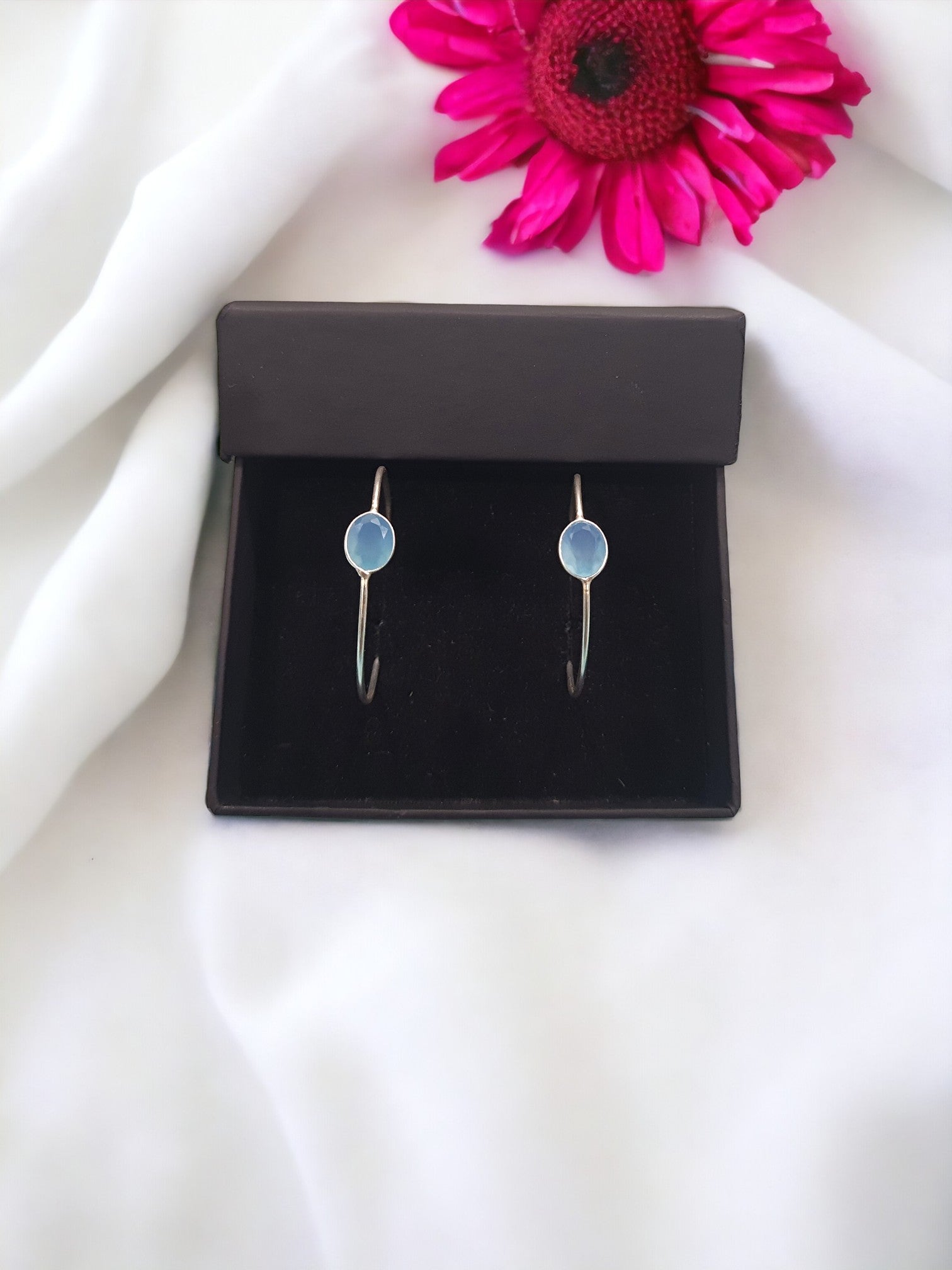 Aqua Calci Stone 925 Sterling Silver Hoop Earrings - 4cm lightweight and hypoallergenic hoops crafted with authentic 925 sterling silver and Aqua Calci stone, featuring a 925 stamp, water-resistant and durable, delivered in Sutra Designs' premium custom packaging.