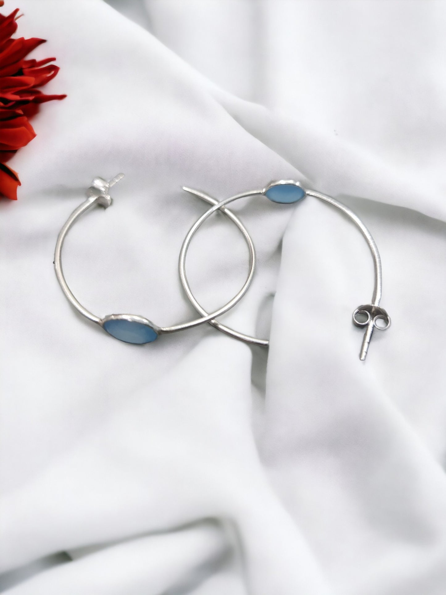 Aqua Calci Stone 925 Sterling Silver Hoop Earrings - 4cm lightweight and hypoallergenic hoops crafted with authentic 925 sterling silver and Aqua Calci stone, featuring a 925 stamp, water-resistant and durable, delivered in Sutra Designs' premium custom packaging.