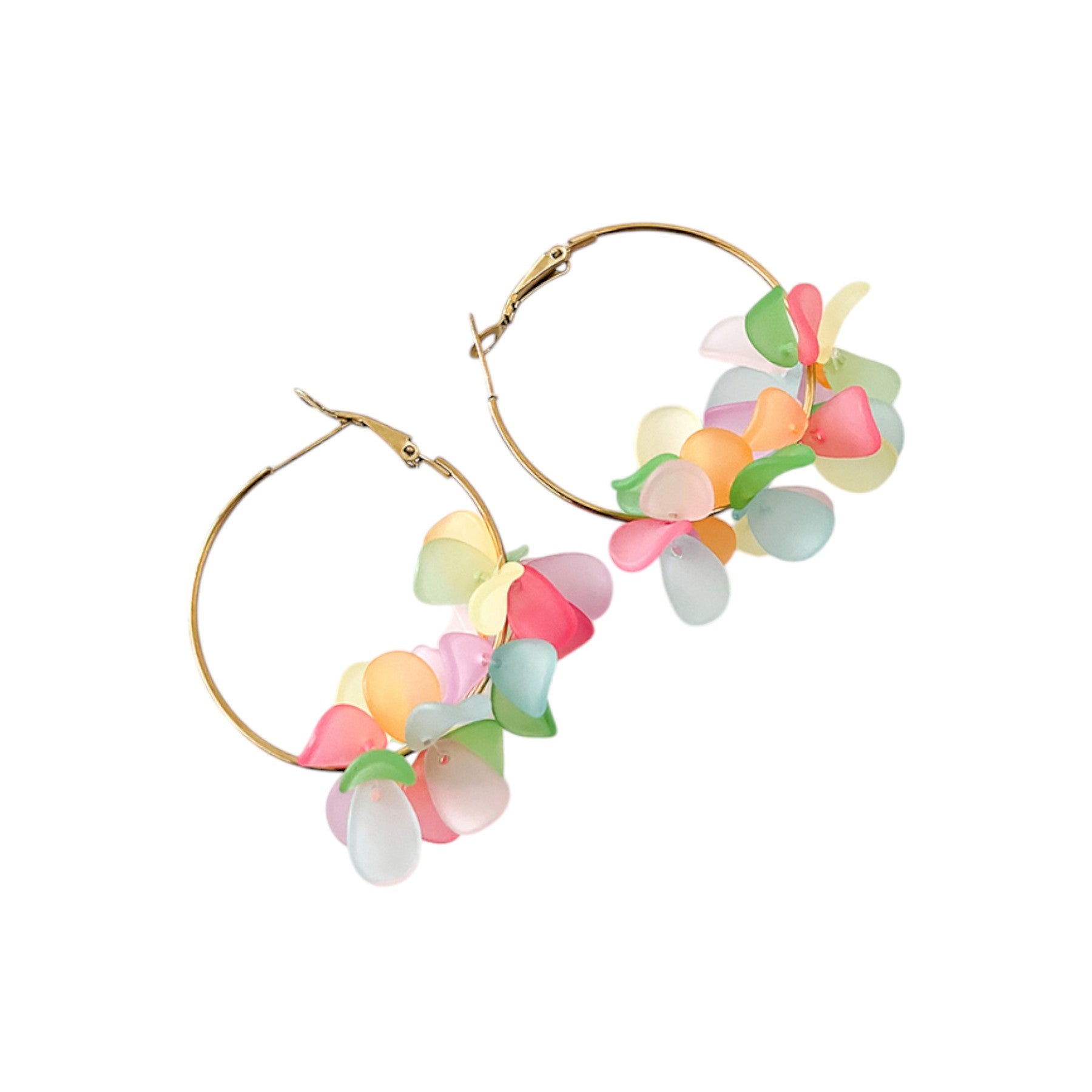 Elegant multi-color acrylic flower earrings with 14K gold plating, crafted from stainless steel, measuring 5.3 cm x 4 cm and weighing 10g. Vibrant hues in the floral design make these earrings stand out. Hypoallergenic, tarnish-free, and water-resistant, offering exceptional durability and a lasting shine. Delivered in Sutra Designs’ custom jewelry packaging, perfect for gifting or safekeeping