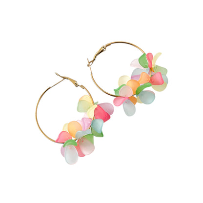 Elegant multi-color acrylic flower earrings with 14K gold plating, crafted from stainless steel, measuring 5.3 cm x 4 cm and weighing 10g. Vibrant hues in the floral design make these earrings stand out. Hypoallergenic, tarnish-free, and water-resistant, offering exceptional durability and a lasting shine. Delivered in Sutra Designs’ custom jewelry packaging, perfect for gifting or safekeeping