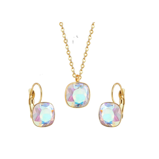 Elegant Shiny Square Zircon Stone Pendant and Earrings Set in Gold. Crafted in stainless steel & zirconia. Earrings size: 1.7cm x 1cm, Pendant size: 1cm, Chain length: 45cm. Total weight 7g. Hypoallergenic, tarnish-free with exceptional durability, perfect for enhancing your everyday or special occasion style. Comes in Sutra Designs' custom jewelry packet for a sophisticated presentation