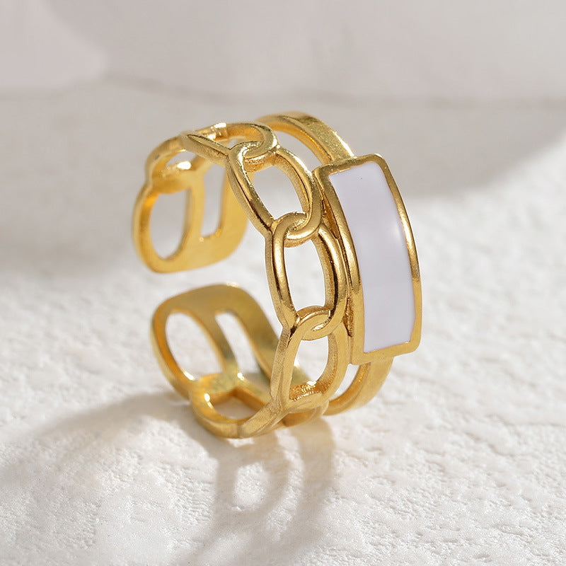 Stylish cut-out 18K gold-plated ring, crafted in stainless steel with an adjustable size and weighing 2.5g. Hypoallergenic, tarnish-free, water-resistant, and designed for exceptional durability, this ring comes in Sutra Designs’ custom jewelry packaging