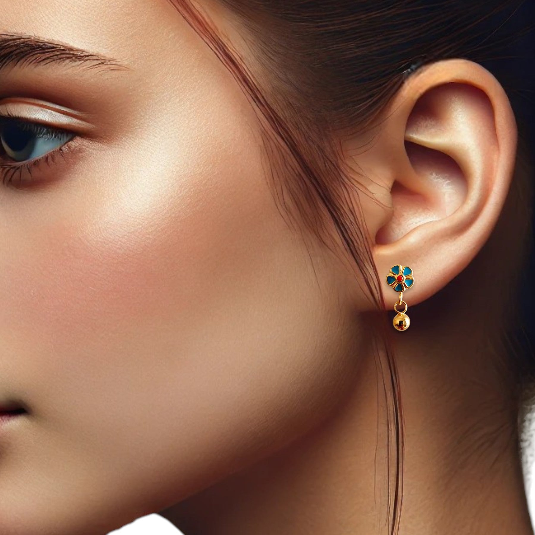Delicate Sweet Flower Enamel Drop Earrings, available in 18K Gold Plated. Crafted from stainless steel, these earrings feature a charming floral design with a total size of 14.4mm x 6.2mm x 3mm and a total weight of 2g. Hypoallergenic, tarnish-free, water-resistant, and built for durability, these earrings offer effortless elegance. Delivered in a Sutra Designs custom jewelry packet for a premium experience