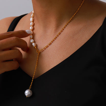 Freshwater Pearl Necklace, 18K Gold-Plated and crafted from titanium steel and pearls. Necklace length 52.5cm, with a total weight of 18g. Hypoallergenic, tarnish-free, water-resistant, and delivered in Sutra Designs' custom packaging