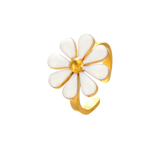 Flower Enamel Ring, 18K Gold-Plated and crafted from stainless steel. Adjustable size, lightweight at 3g, hypoallergenic, tarnish-free, water-resistant, and delivered in Sutra Designs' custom packaging