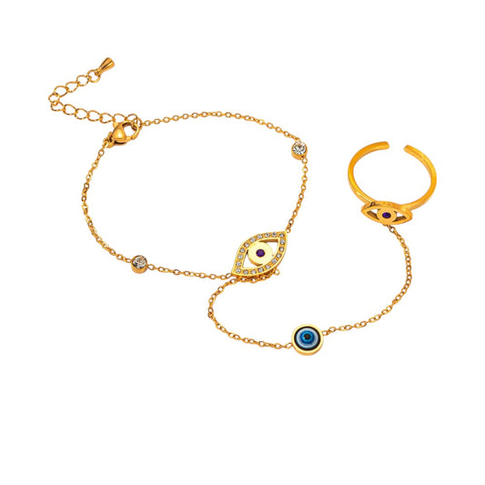 Evil Eye Bracelet Ring in 18K Gold-Plated Titanium Steel. Adjustable, hypoallergenic, tarnish-free, and water-resistant. Lightweight at 4.9g, delivered in Sutra Designs' custom packaging