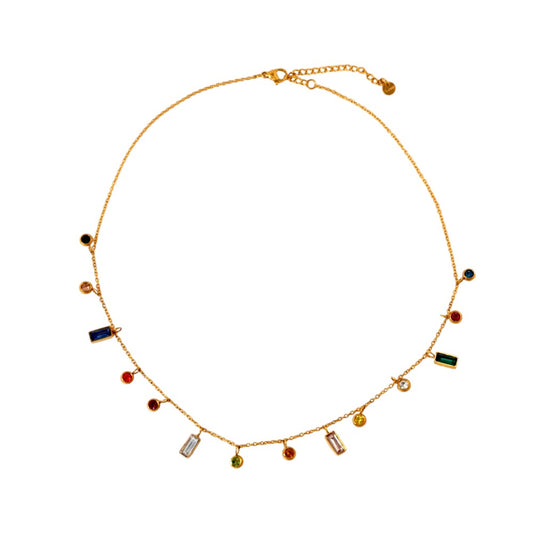 Elegant color block natural stone necklace with gold-plated titanium steel accents, adjustable from 41 cm + 5 cm, and weighing 4g. Hypoallergenic, tarnish-free, and water-resistant, this necklace offers exceptional durability and comes in Sutra Designs’ custom jewelry packaging