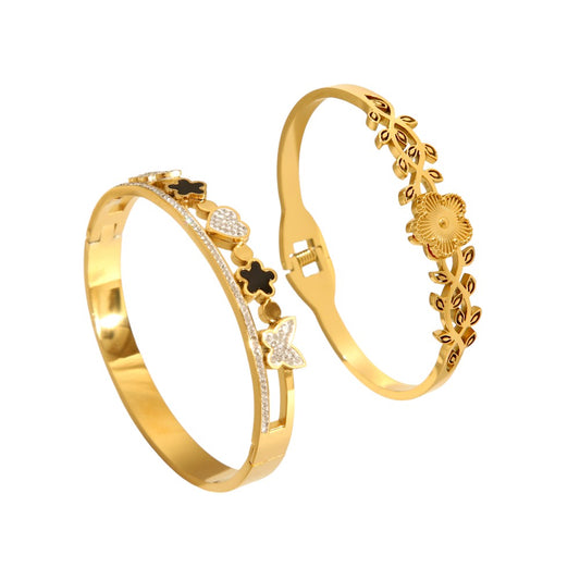 French Style Flower Open Bangle, 18K Gold-Plated, crafted from stainless steel and zirconia. Available in sizes 6cm and 5.9cm, with a weight of 18g. Hypoallergenic, tarnish-free, water-resistant, and delivered in Sutra Designs' custom packaging