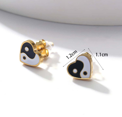Yin and Yang Heart 18K Gold Plated Ear Studs