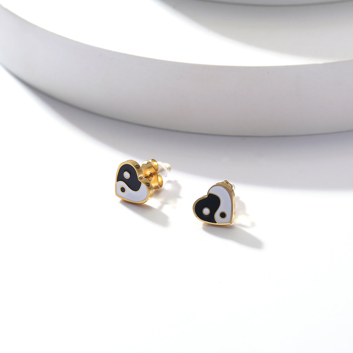 Yin and Yang Heart 14K Gold Plated Ear Studs, crafted from stainless steel. These elegant ear studs feature a heart-shaped design with a size of 1.2cm x 1.1cm and a total weight of 3g. Hypoallergenic, tarnish-free, and water-resistant, offering durability and comfort