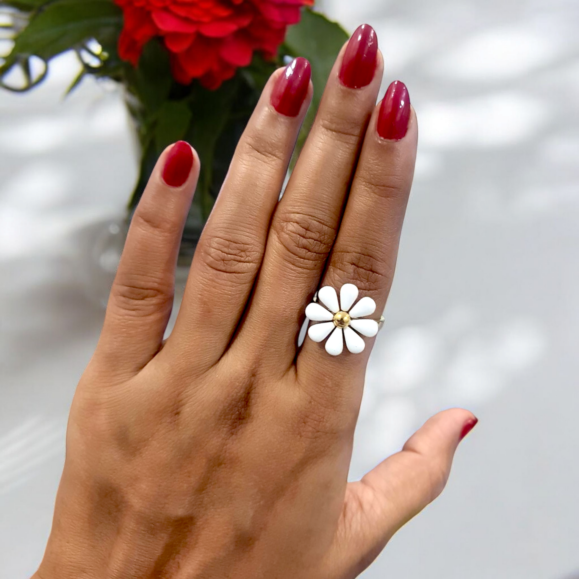 Flower Enamel Ring, 18K Gold-Plated and crafted from stainless steel. Adjustable size, lightweight at 3g, hypoallergenic, tarnish-free, water-resistant, and delivered in Sutra Designs' custom packaging