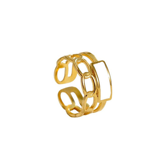 Stylish cut-out 18K gold-plated ring, crafted in stainless steel with an adjustable size and weighing 2.5g. Hypoallergenic, tarnish-free, water-resistant, and designed for exceptional durability, this ring comes in Sutra Designs’ custom jewelry packaging
