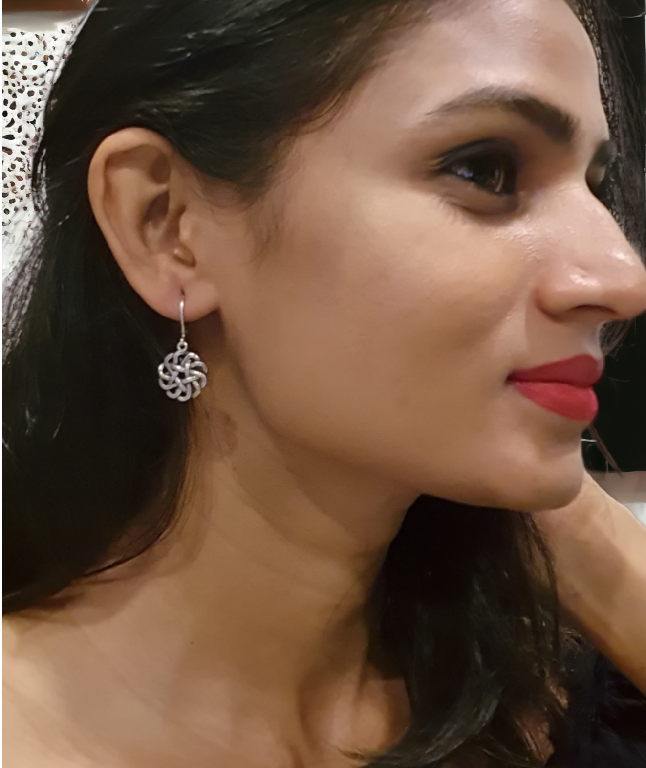 Krita Floral Charm Hoop Earrings in Antique Silver, crafted in brass with a 1.5cm charm size and a total weight of 4.1g. Skin-friendly material delivered in Sutra Designs' custom packaging