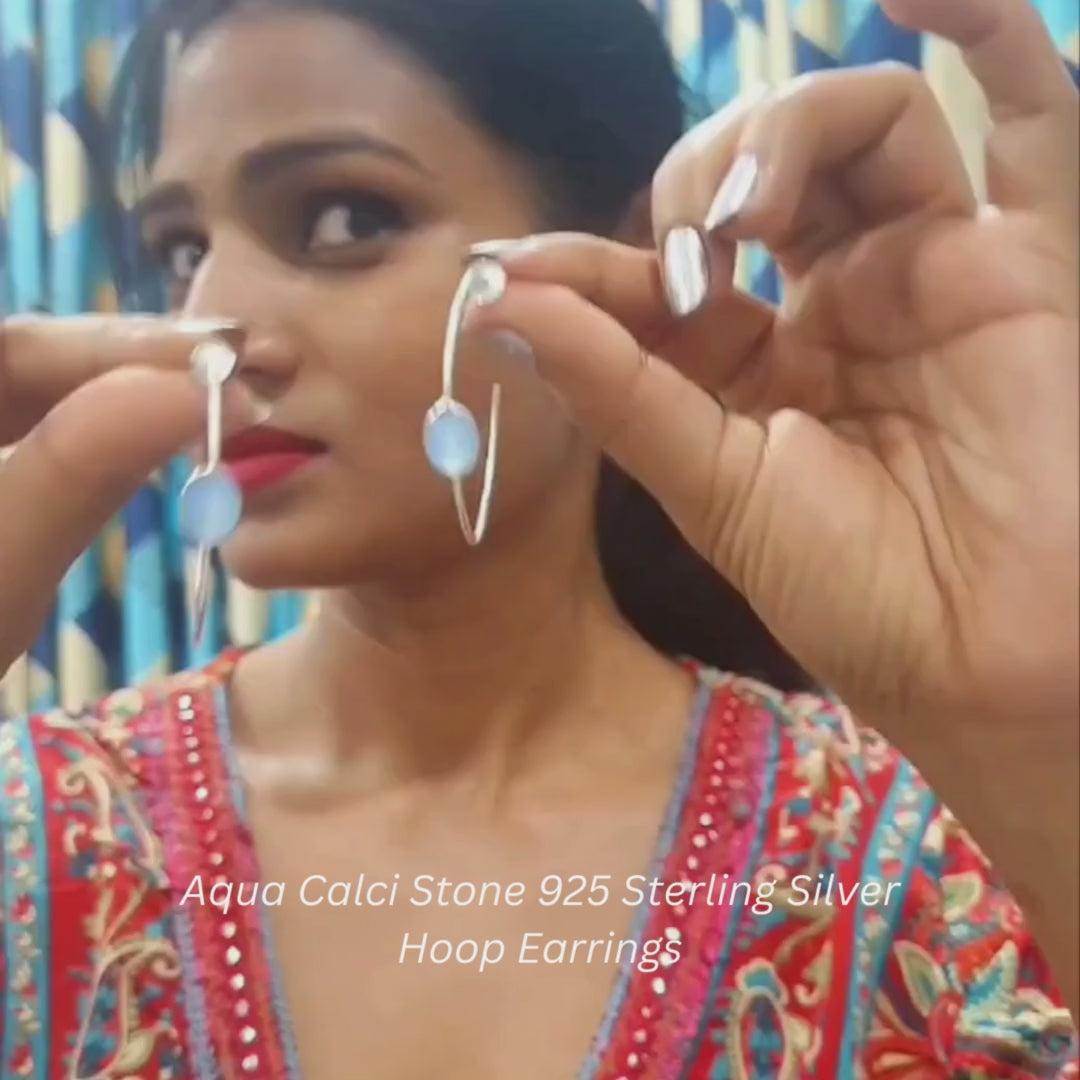 Aqua Calci Stone 925 Sterling Silver Hoop Earrings - 4cm lightweight and hypoallergenic hoops crafted with authentic 925 sterling silver and Aqua Calci stone, featuring a 925 stamp, water-resistant and durable, delivered in Sutra Designs' premium custom packaging.